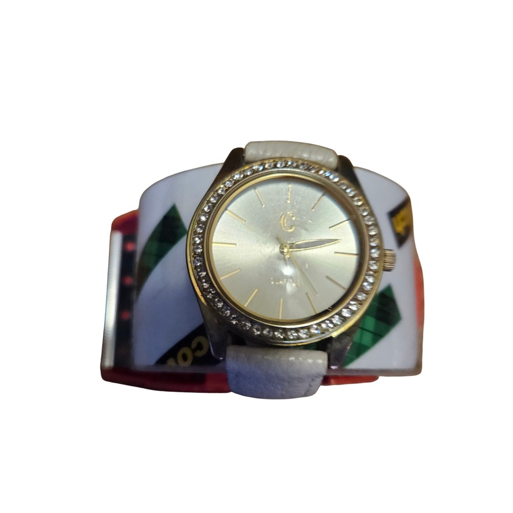 Charming Charlie Womens Gold Tone Rhinestone Bezel Watch Off White Band 9688